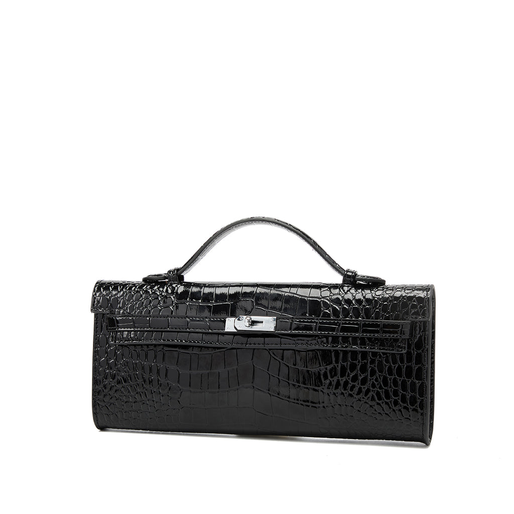Glossy Croc-Embossed Top-Handle Bag — Black