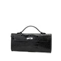 Glossy Croc-Embossed Top-Handle Bag — Black