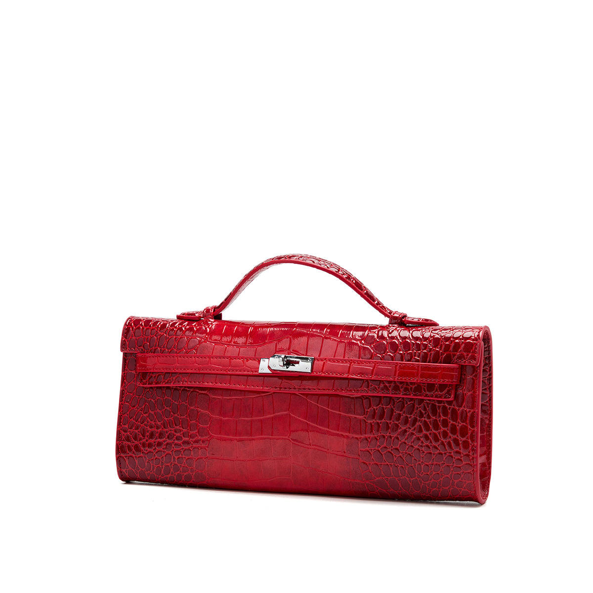 Glossy Croc-Embossed Top-Handle Bag — Red