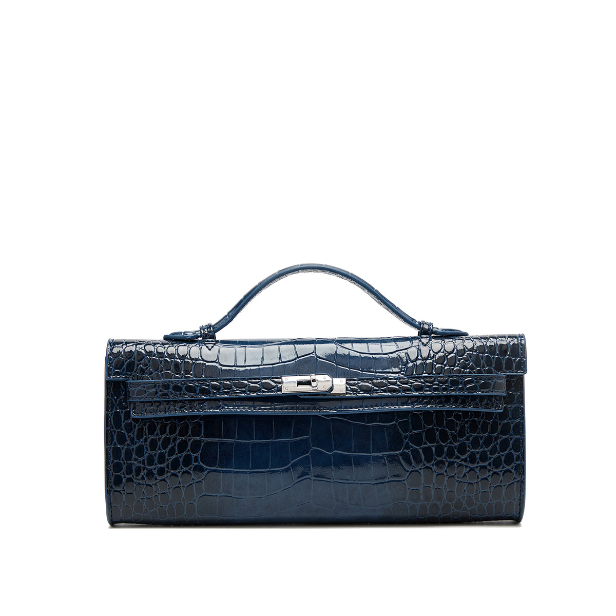Glossy Croc-Embossed Top-Handle Bag — Navy