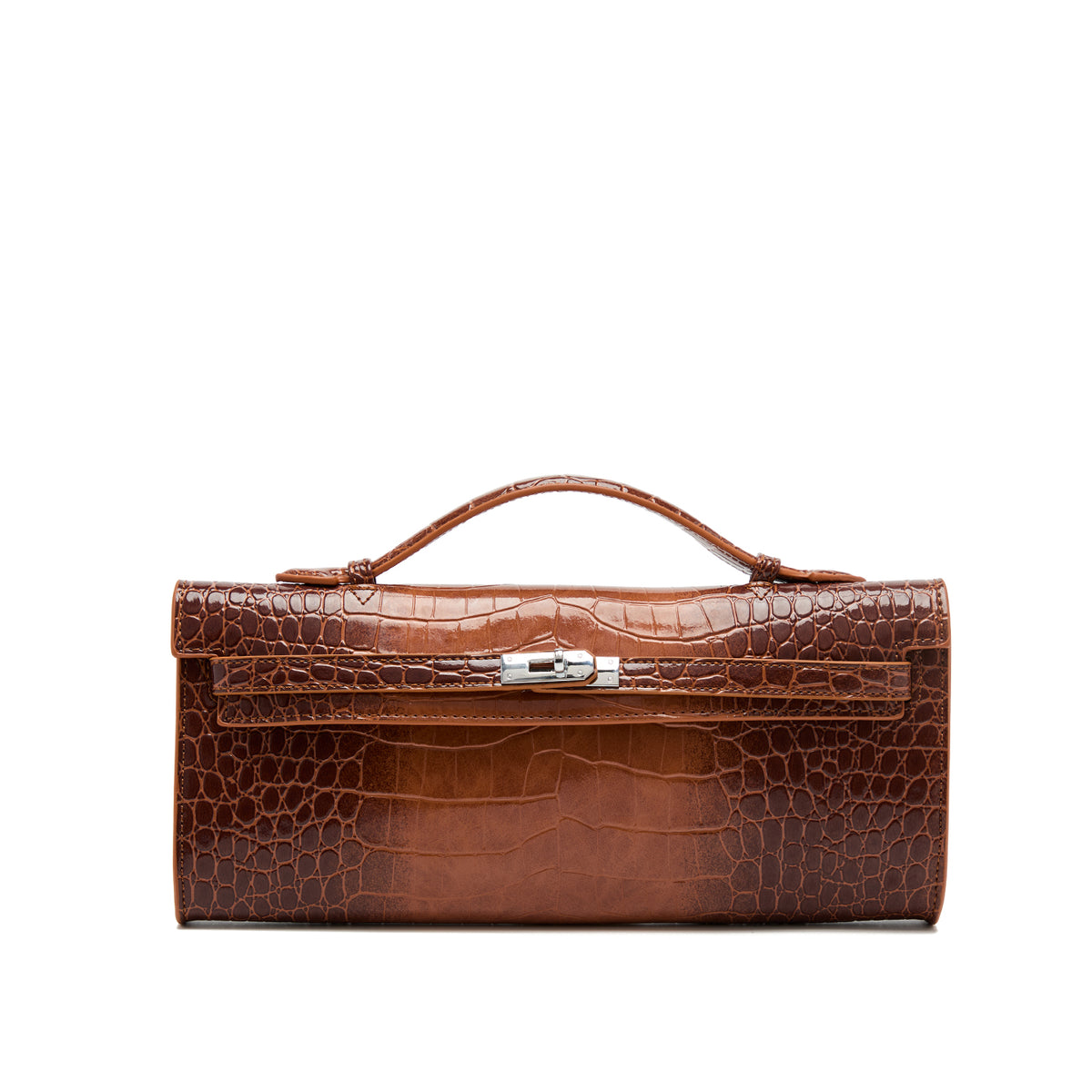 Glossy Croc-Embossed Top-Handle Bag — Brown