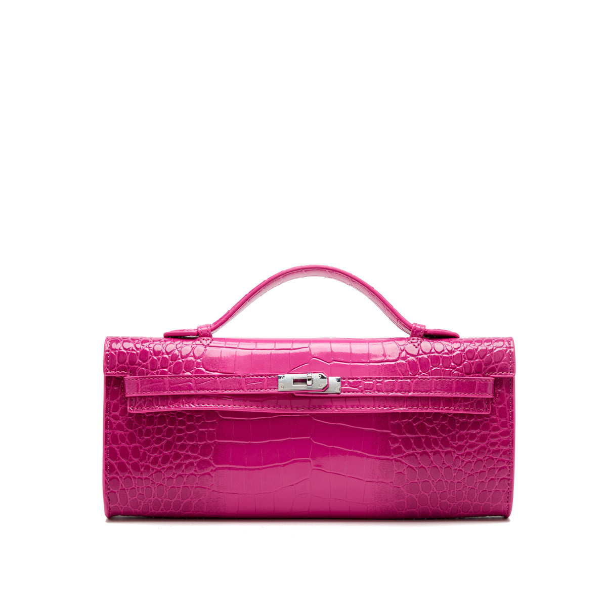 Glossy Croc-Embossed Top-Handle Bag — Fuchsia
