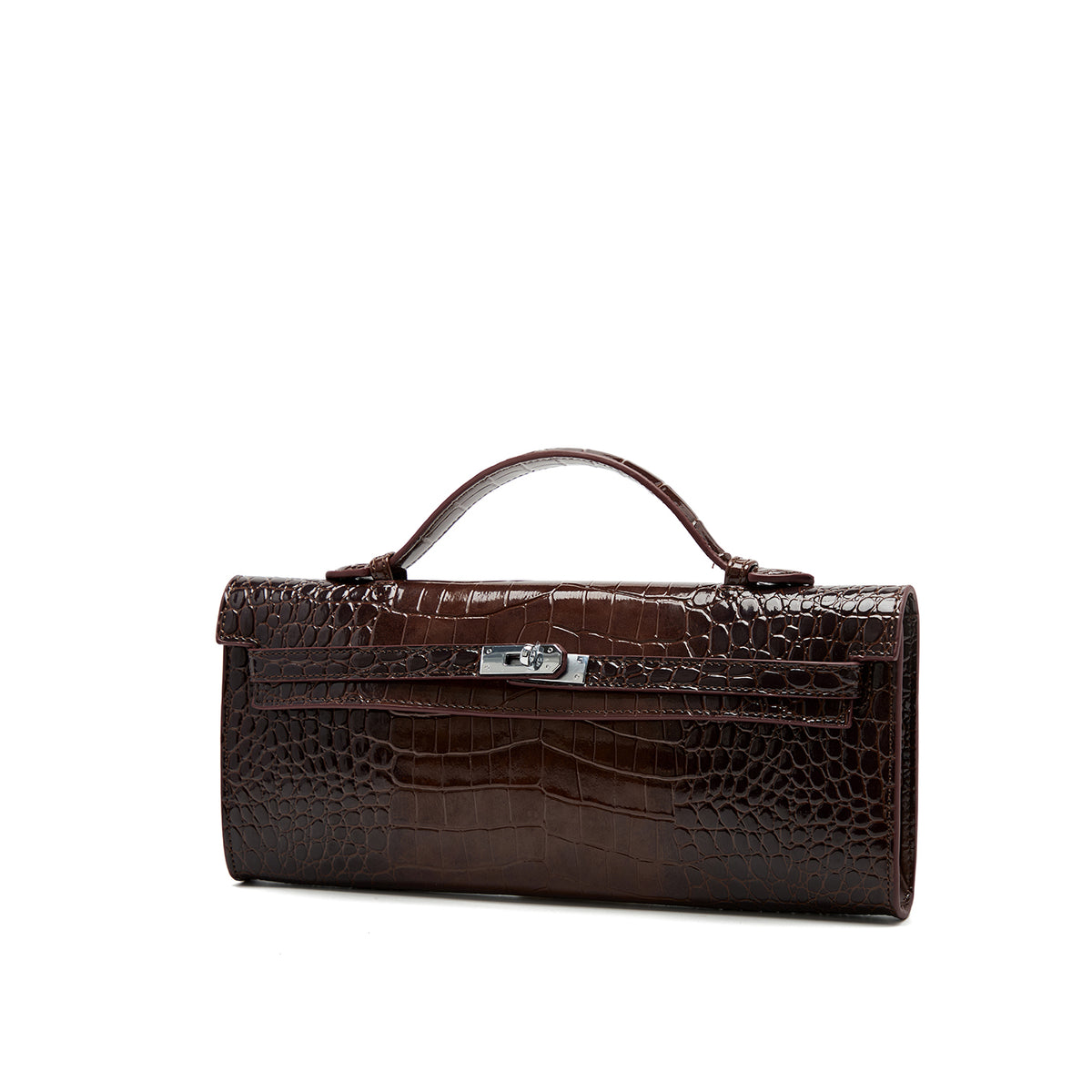 Glossy Croc-Embossed Top-Handle Bag — Ebony