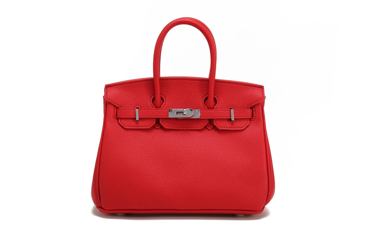 BK25 Pebbled Top-Handle Bag — Silver-Tone Hardware — Red