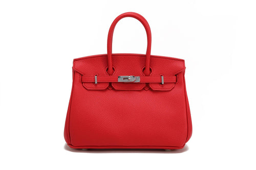 BK25 Pebbled Top-Handle Bag — Silver-Tone Hardware — Red