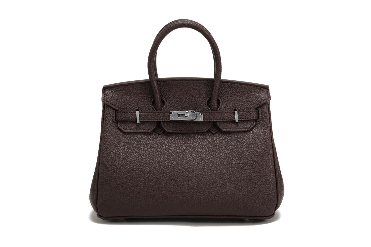 BK25 Pebbled Top-Handle Bag — Silver-Tone Hardware — Dark Brown