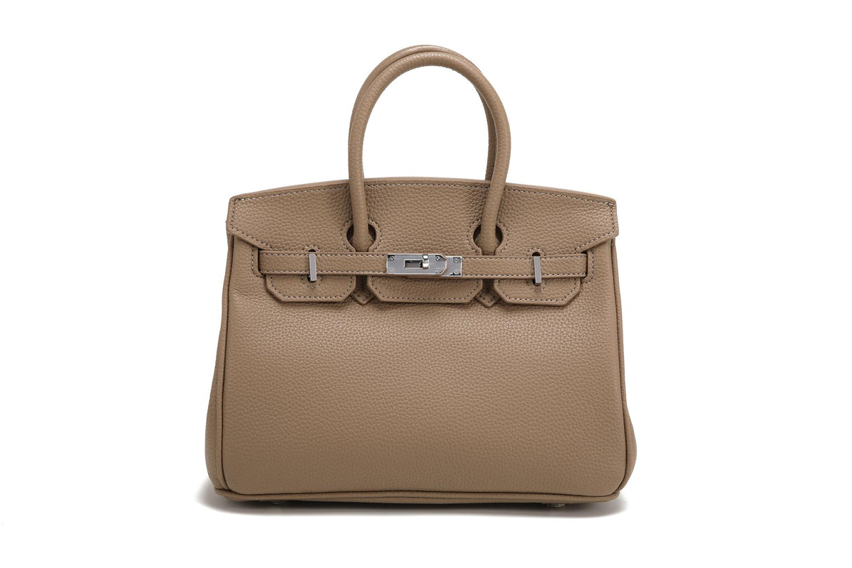 BK25 Pebbled Top-Handle Bag — Silver-Tone Hardware — Taupe