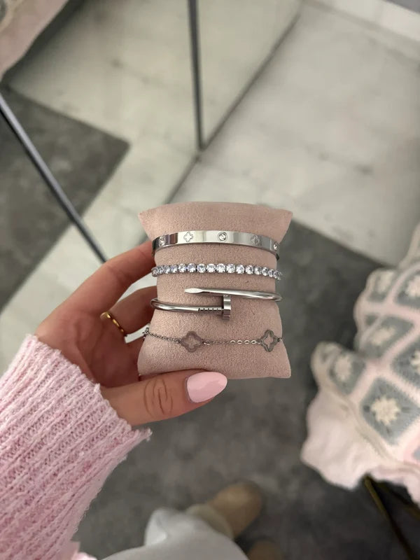 Silver Tone Clover 4 Piece Bracelet Stack