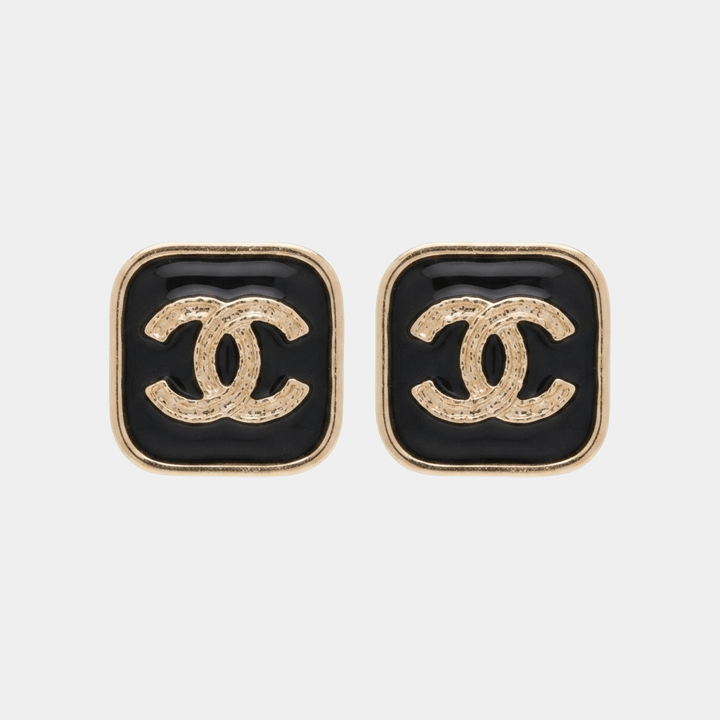Interlocking Letter Earrings Black Enamel Gold Tone