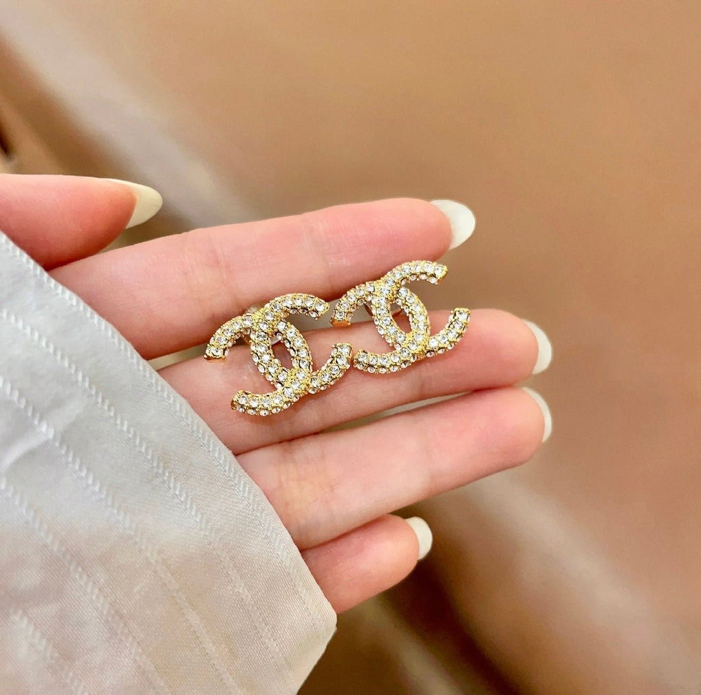 Interlocking Letter Earrings Crystal Gold Tone