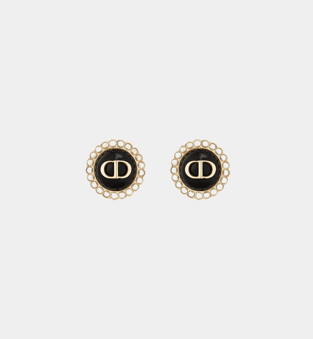 Letter Motif Earrings Black Gold Tone