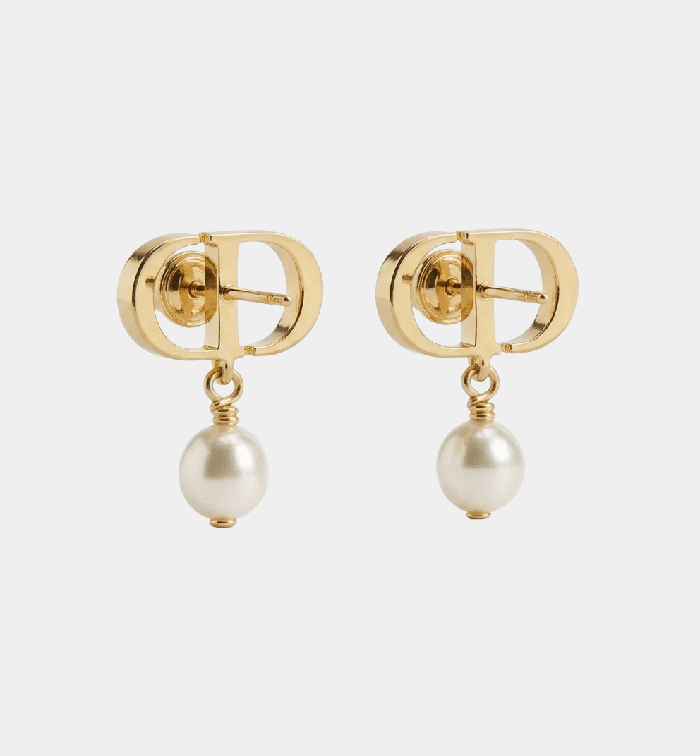 Letter Motif Pearl Earrings Gold Tone
