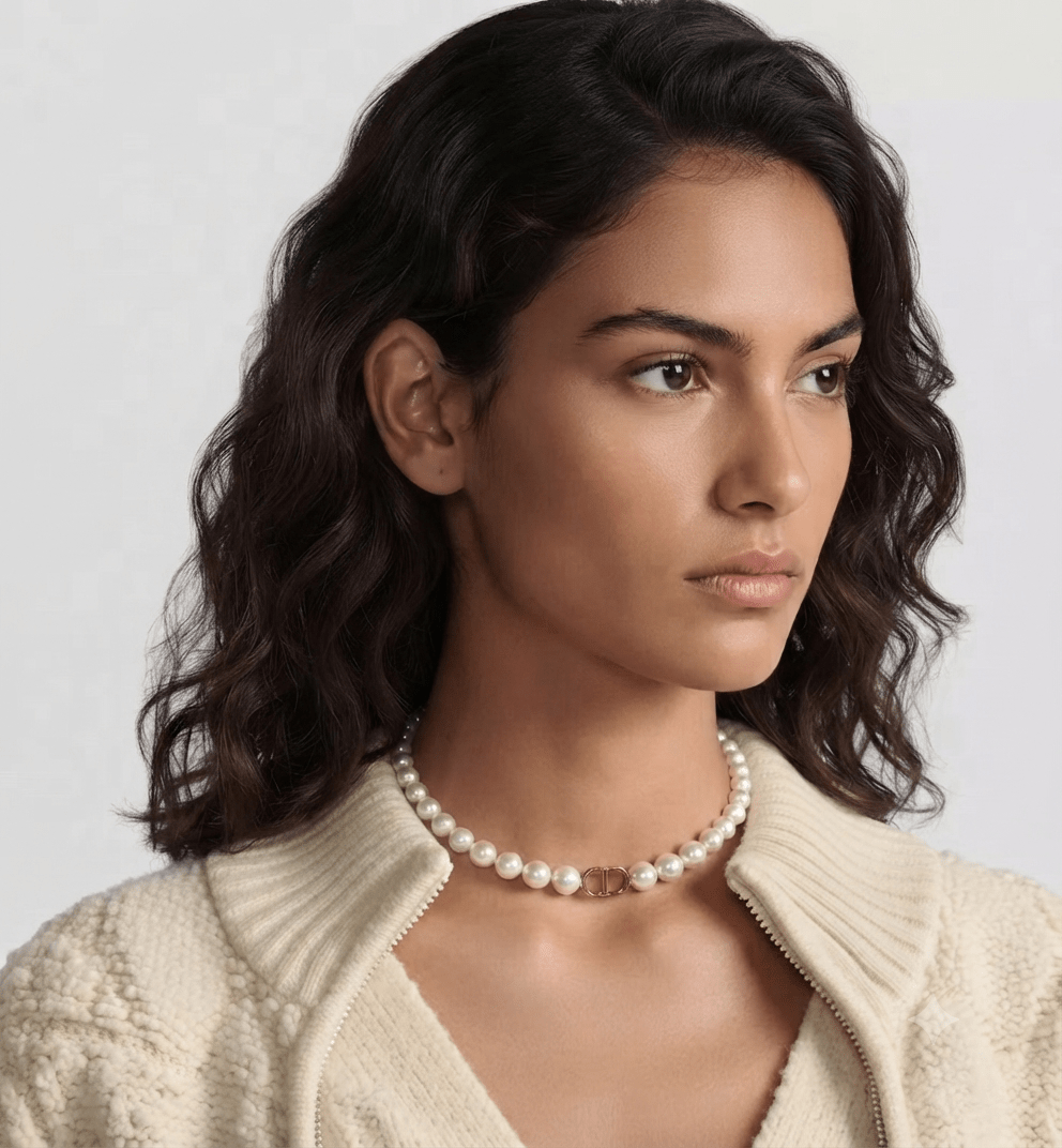 Letter Motif Pearl Necklace Gold Tone