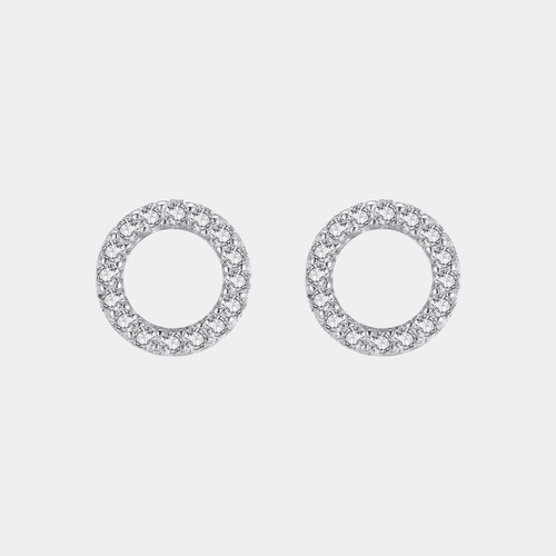 Circle Earrings Round Crystal Halo Open Studs Silver Tone