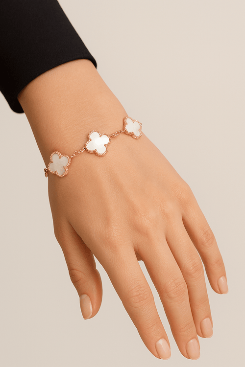 Clover Bracelet Clover Pearl White Four Leaf Flower Rose Gold Tone Charm Bracelet