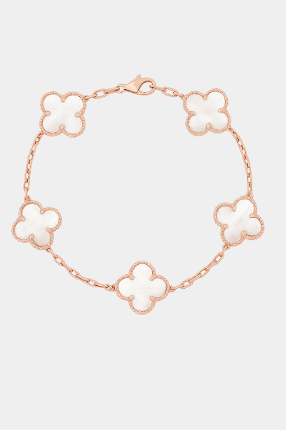 Clover Bracelet Clover Pearl White Four Leaf Flower Rose Gold Tone Charm Bracelet