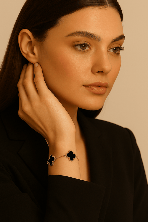 Clover Bracelet Clover Black Four Leaf Flower Rose Gold Tone Charm Bracelet