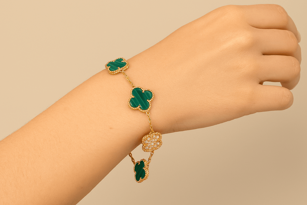 Clover Bracelet Green With Crystal Clover Four Leaf Flower Gold Tone Charm Bracelet
