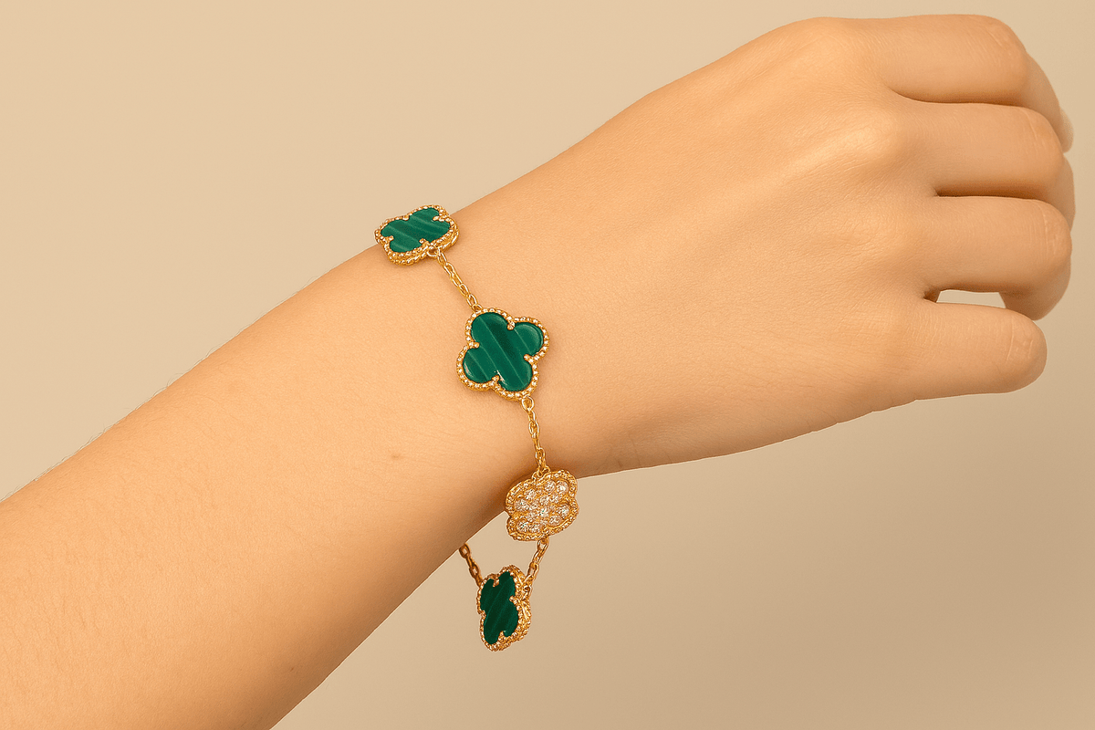 Clover Bracelet Green With Crystal Clover Four Leaf Flower Gold Tone Charm Bracelet