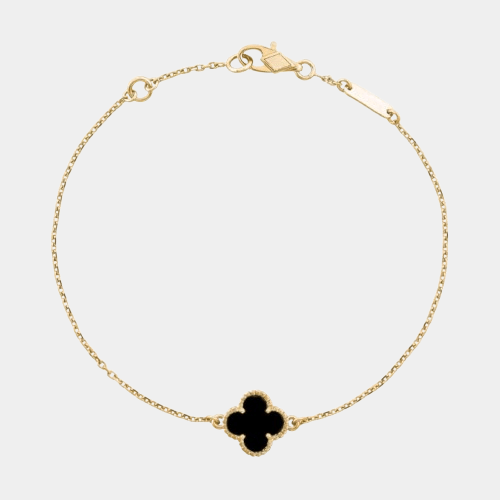 Clover Bracelet Black One Four Leaf Flower Gold Tone Bracelet