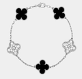 Clover Bracelet Black With Crystal Clover Four Leaf Flower Silver Tone Charm Bracelet