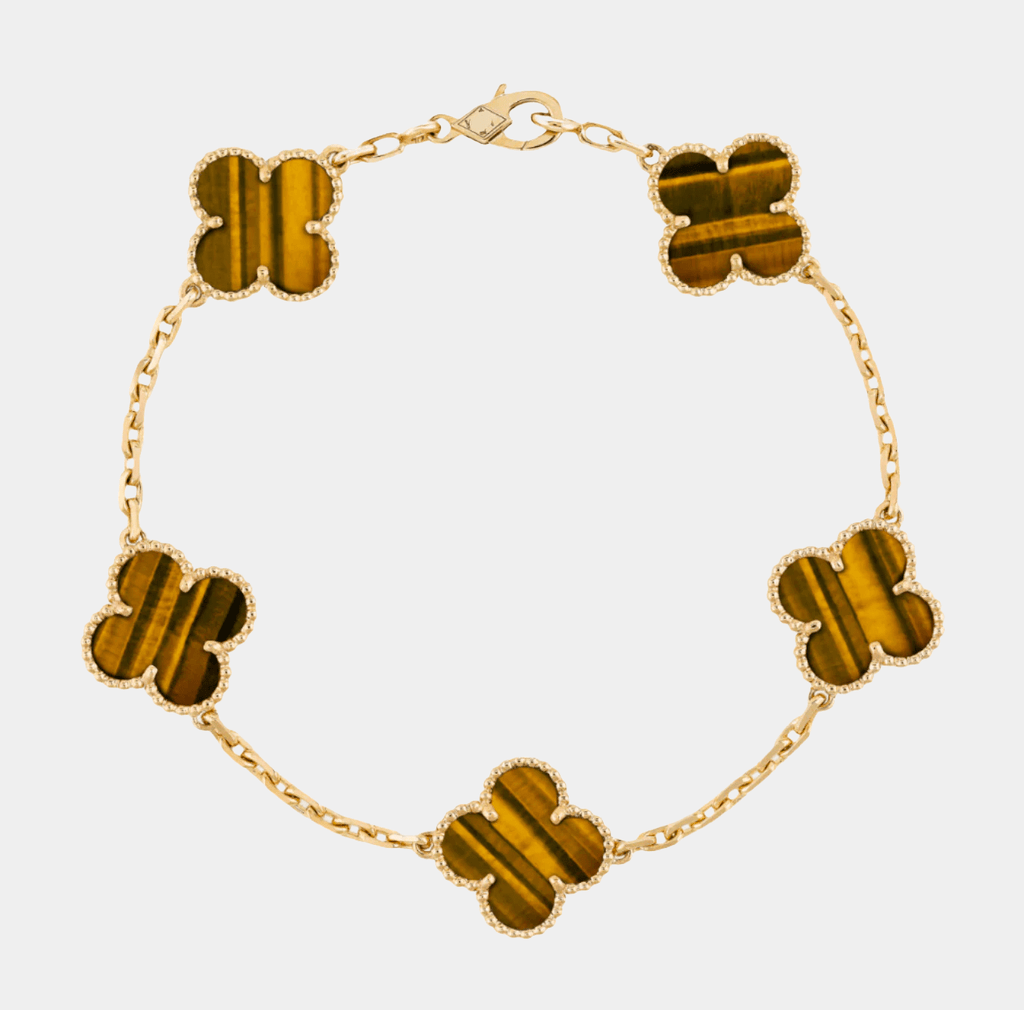 Clover Bracelet Amber Brown Four Leaf Flower Gold Tone Charm Bracelet