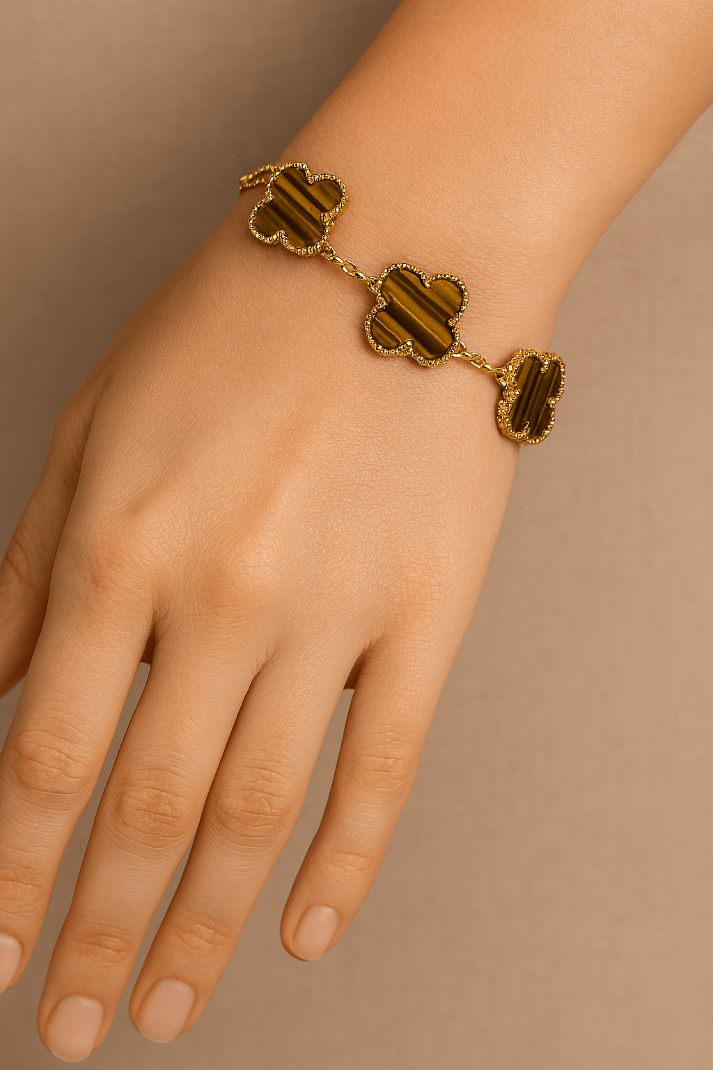 Clover Bracelet Amber Brown Four Leaf Flower Gold Tone Charm Bracelet