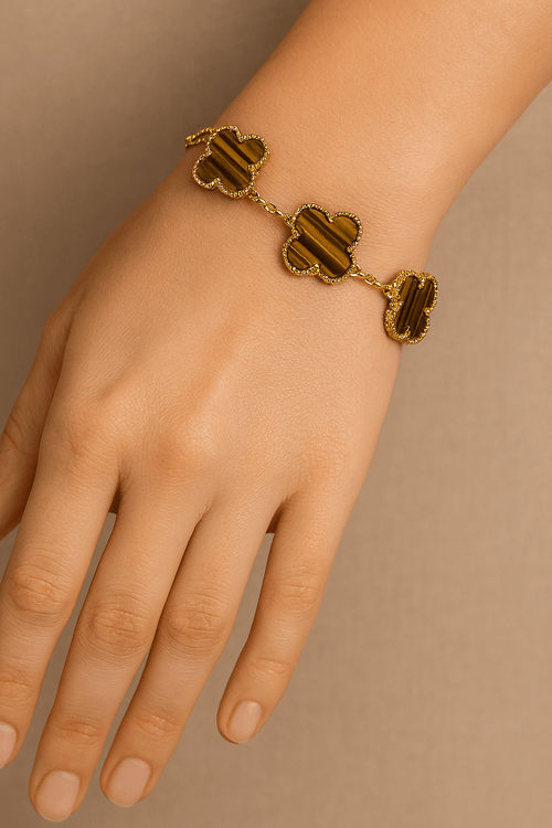 Clover Bracelet Amber Brown Four Leaf Flower Gold Tone Charm Bracelet