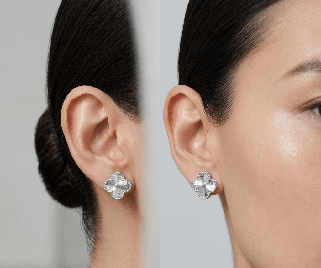Clover Earrings Stud Style Full Silver Tone