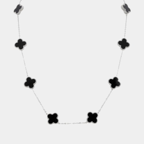Clover Necklace 10 Motifs Black Silver Tone Four Leaf Clover