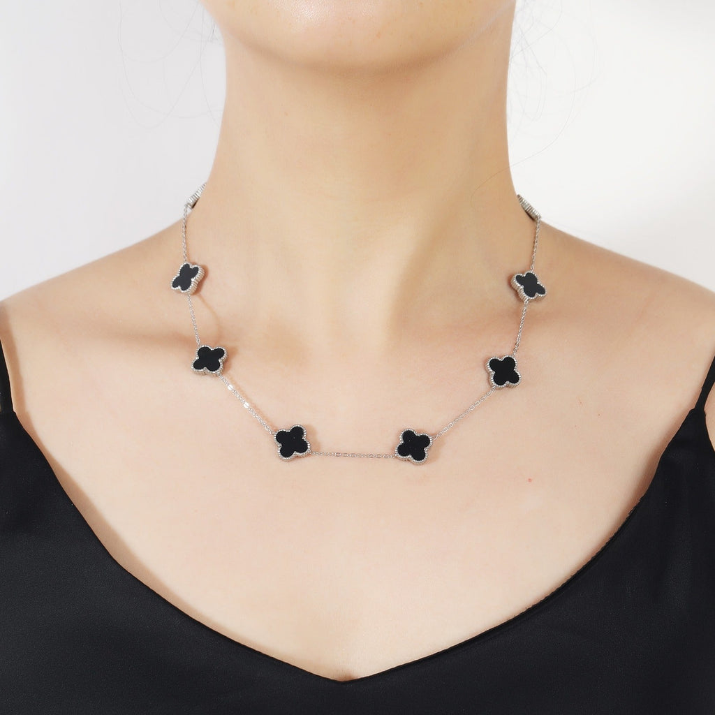 Clover Necklace 10 Motifs Black Silver Tone Four Leaf Clover