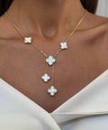 Clover Necklace Gold Tone Pearl White Four Leaf Flower