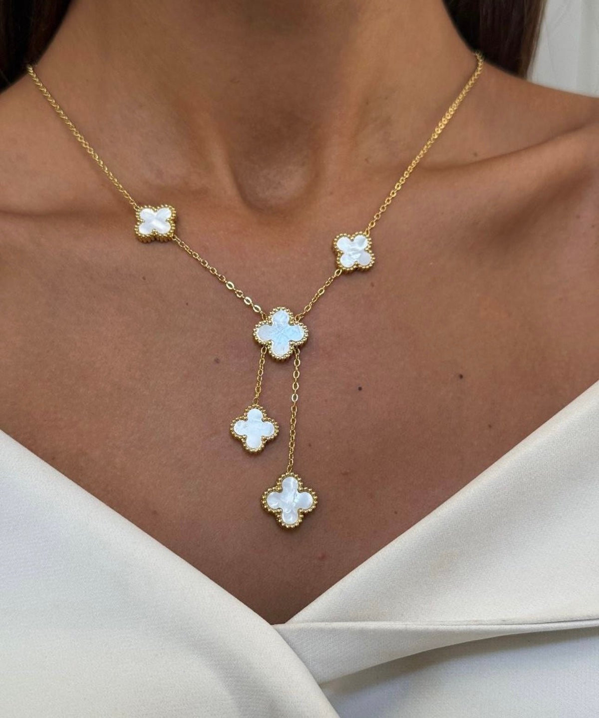 Clover Necklace Gold Tone Pearl White Four Leaf Flower