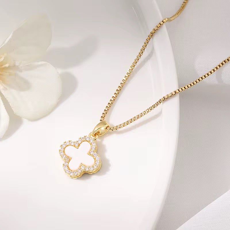 Clover Necklace Gold Tone With Crystal Trim Double Sided Four Leaf Clover Flower