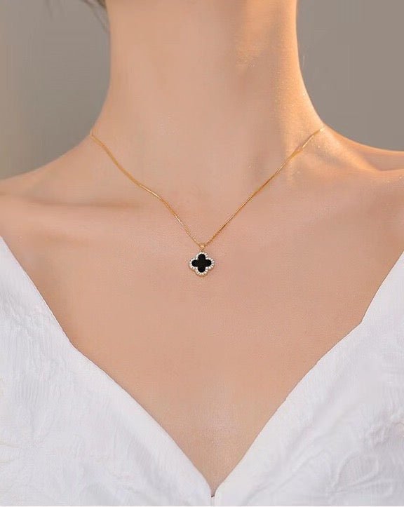 Clover Necklace Gold Tone With Crystal Trim Double Sided Four Leaf Clover Flower
