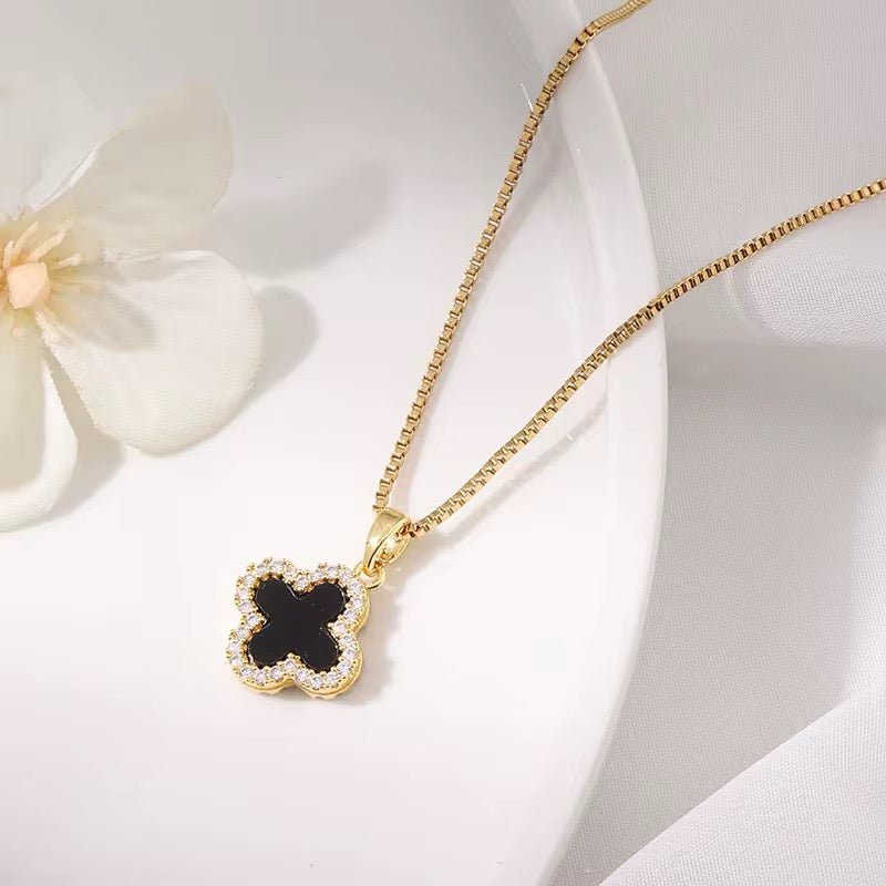 Clover Necklace Gold Tone With Crystal Trim Double Sided Four Leaf Clover Flower