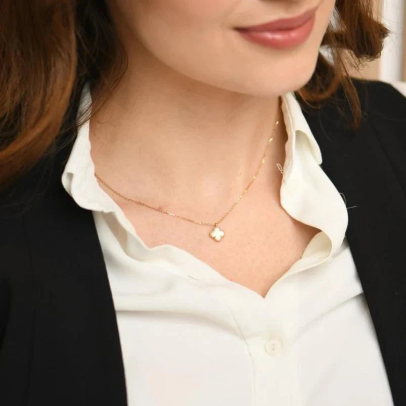 Mini White Clover Necklace — Gold Tone