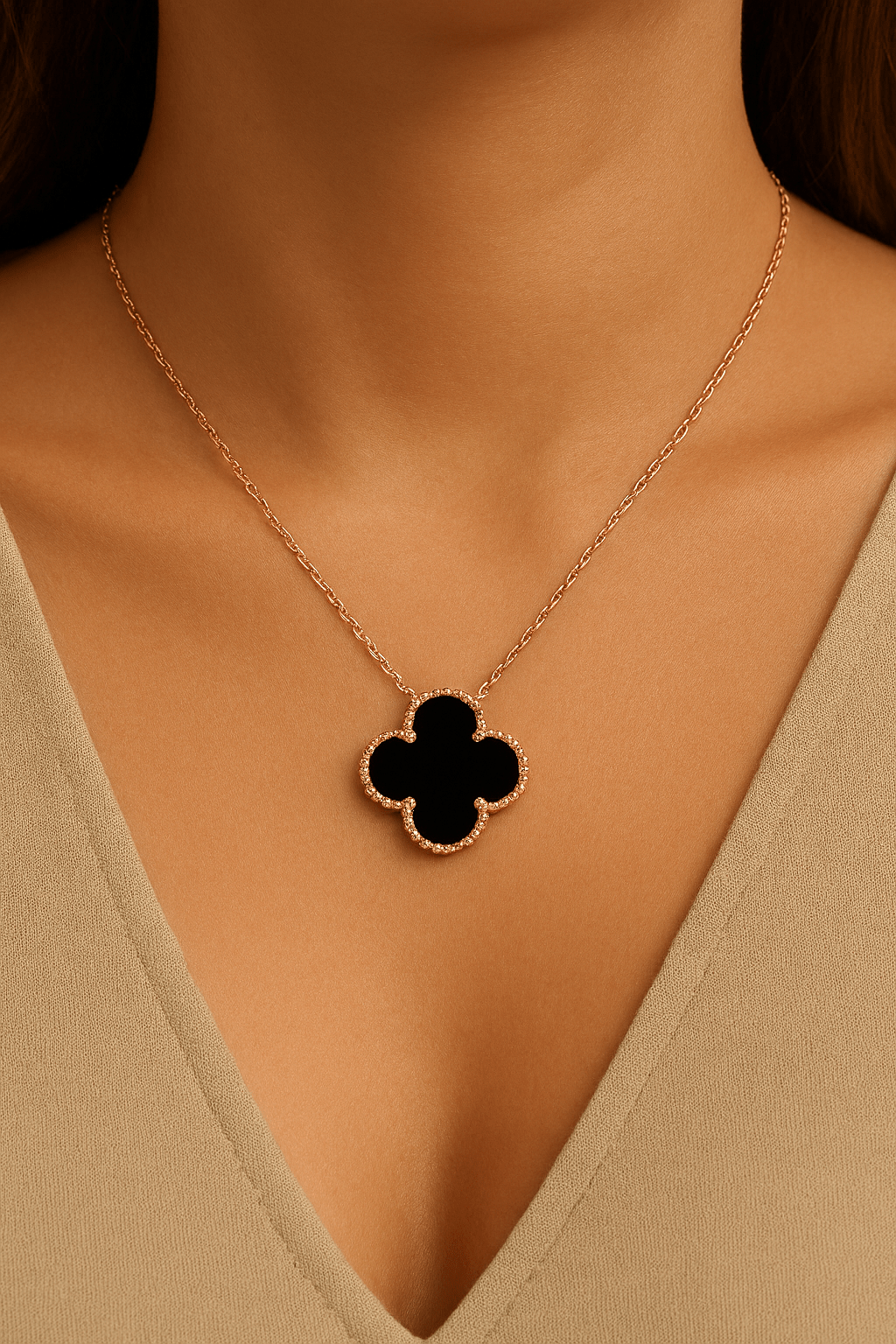 Clover Necklace Clover Four Leaf Black Black Rose Gold Tone Pendant Necklace