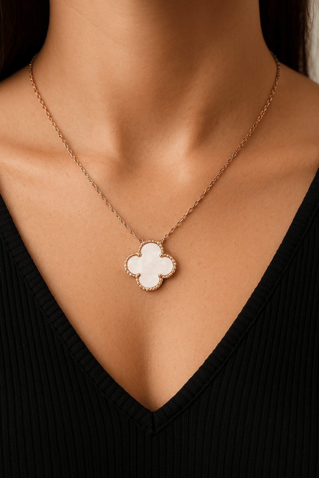 Clover Necklace Clover Four Leaf Pearl White Rose Gold Tone Pendant Necklace
