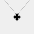 Silver Tone Clover Necklace Four Leaf Black Flower Pendant