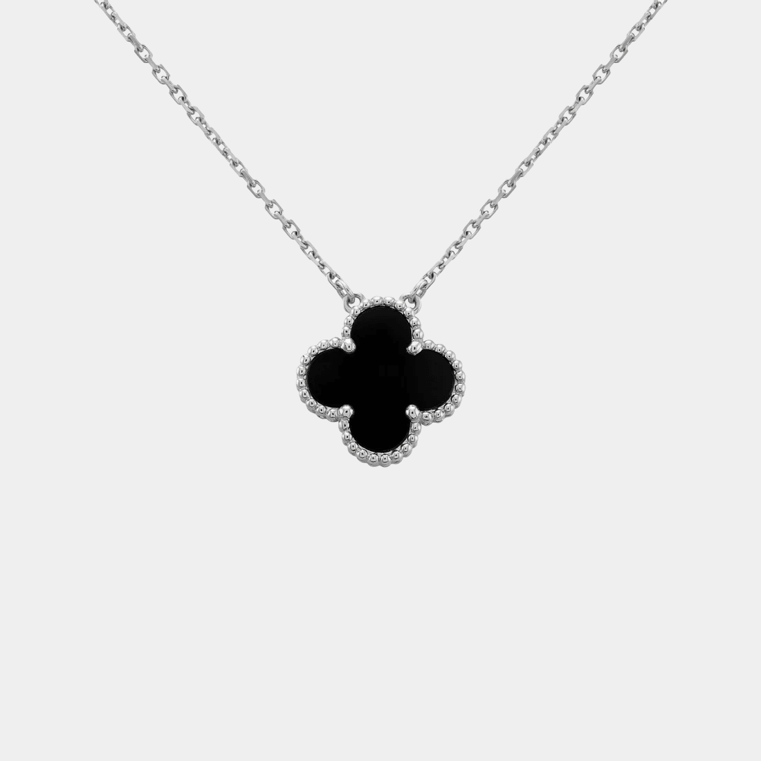 Silver Tone Clover Necklace Four Leaf Black Flower Pendant