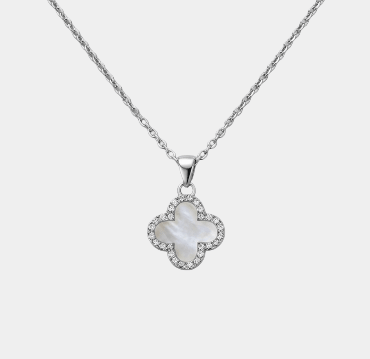 Clover Necklace Silver Tone With Crystal Trim Double Sided Four Leaf Clover Flower