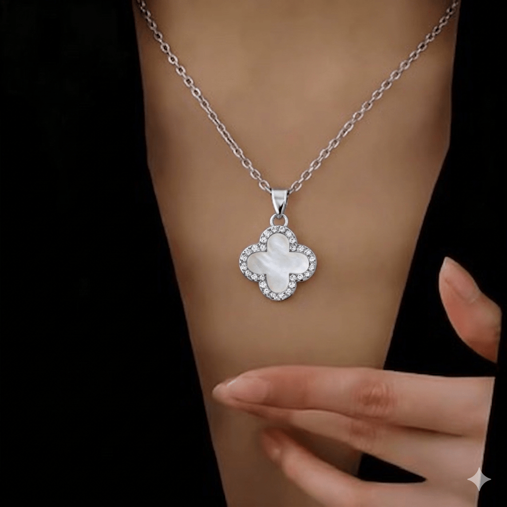 Clover Necklace Silver Tone With Crystal Trim Double Sided Four Leaf Clover Flower