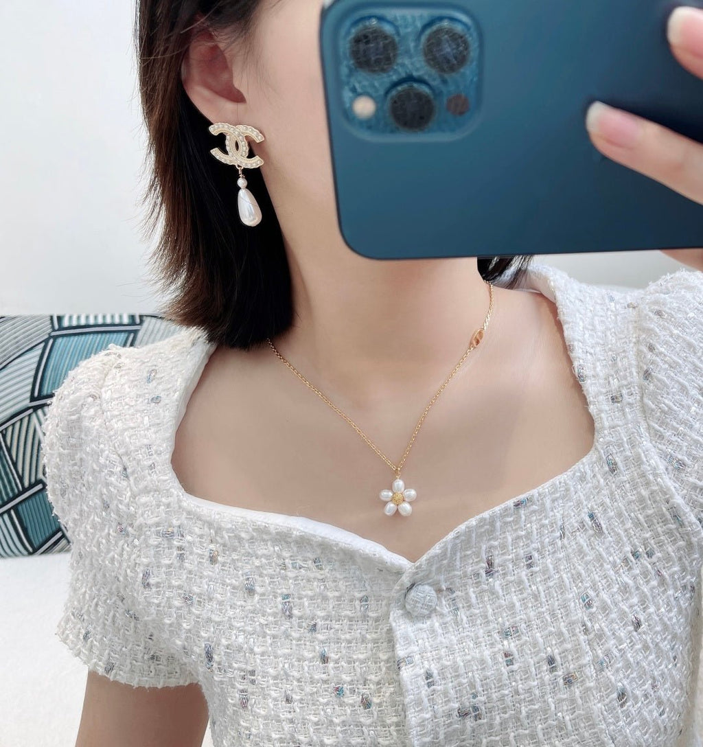 Drop Interlocking Letter Earrings with Pearls Gold Tone
