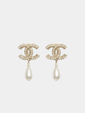 Drop Interlocking Letter Earrings with Pearls Gold Tone