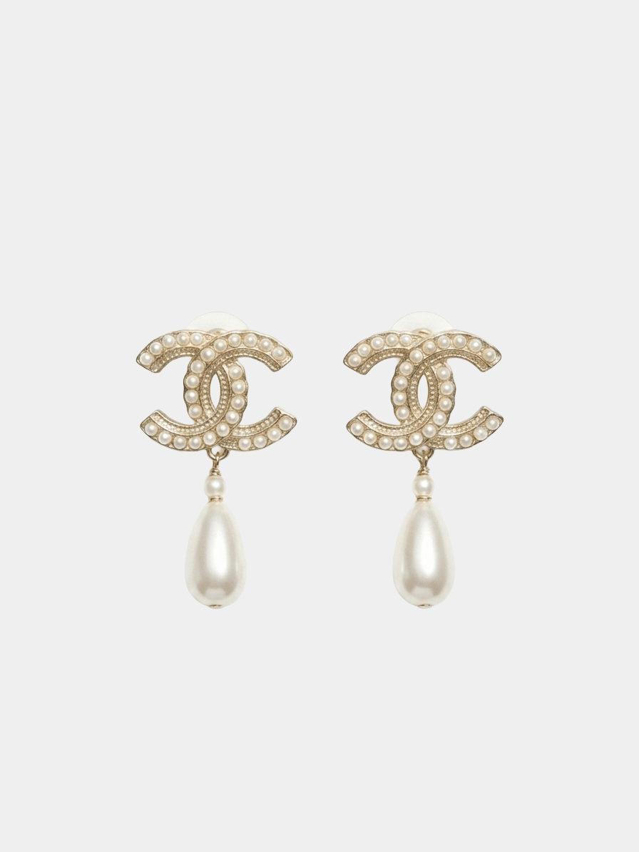 Drop Interlocking Letter Earrings with Pearls Gold Tone