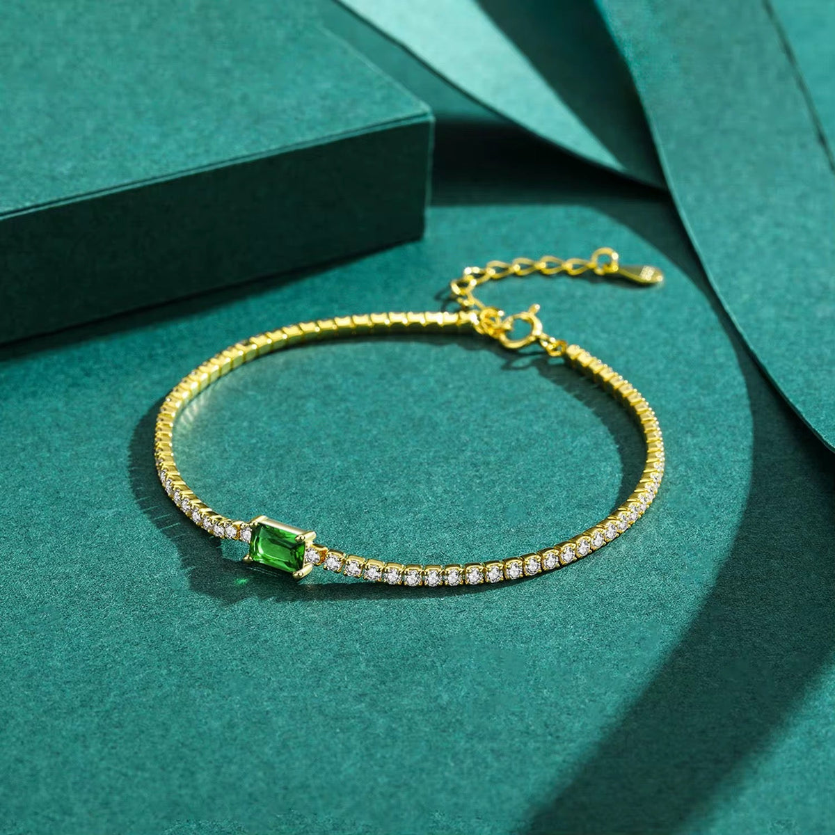 Emerald Green Halo Tennis Bracelet Gold Tone