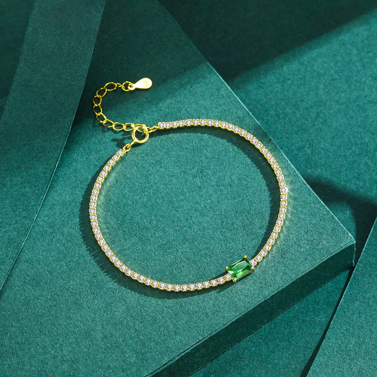 Emerald Green Halo Tennis Bracelet Gold Tone
