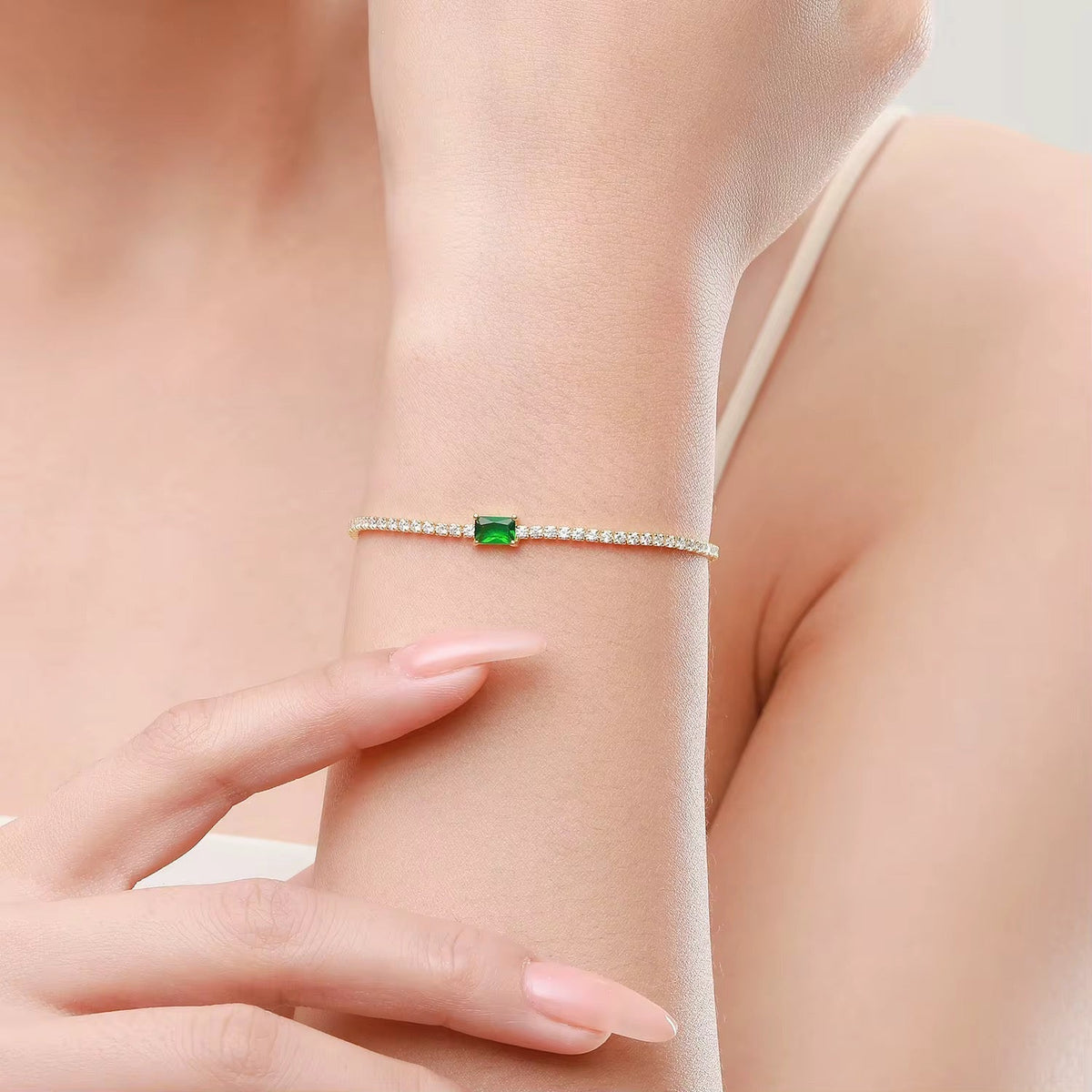 Emerald Green Halo Tennis Bracelet Gold Tone