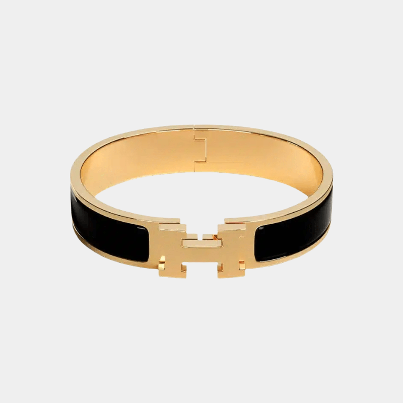 Black Enamel H Bangle in Gold Tone